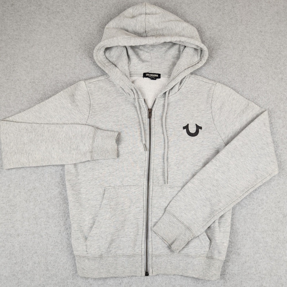 True Religion Womens Zip Up Hoodie Gray Graphic Back Horseshoe Logo Size Small